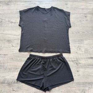 Shein Curve Black Textured Lounge Set Top and Shorts Two Piece 2XL